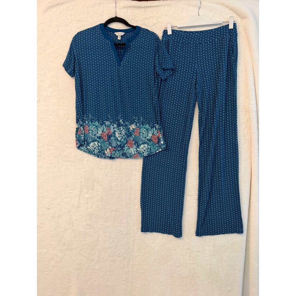 Soma Cool Nights Pajama Set Womens Small Long‎ Blue Floral 2 Piece Sleepwear